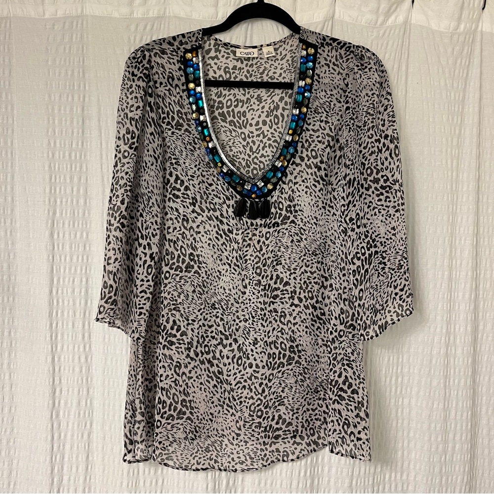 Cato Leopard Print Sheer Bejeweled Top Women’s Size Medium